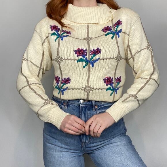 Vintage 80s Eagles Eye Size Small Ivory Cream Floral Print Turtleneck Sweater - Picture 2 of 14